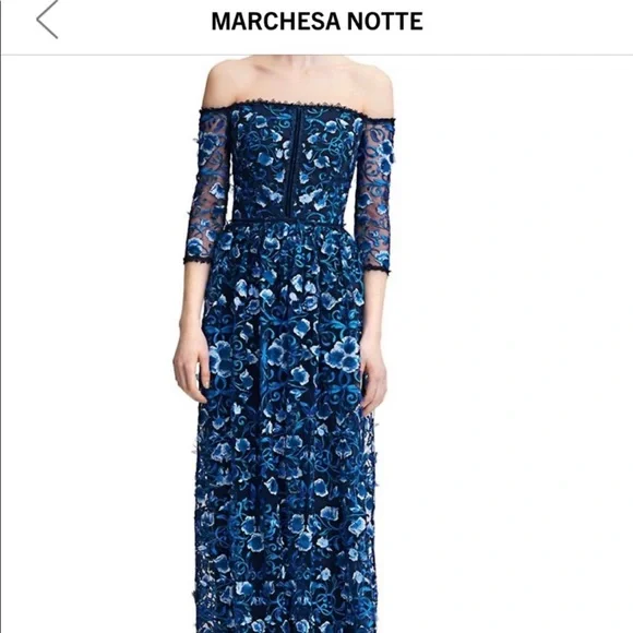 Marchesa Notte Women's Off-The-Shoulder Embroidered Floral Gown - Navy - Size 14